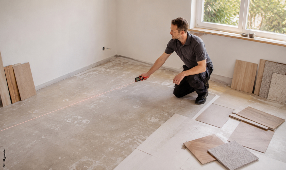 aufmass-service-holzland-stoellger-hannover-karussell-01 Kundenberater von Holzland Stoellger nimmt das Aufmass für einen neuen Bodenbelag.