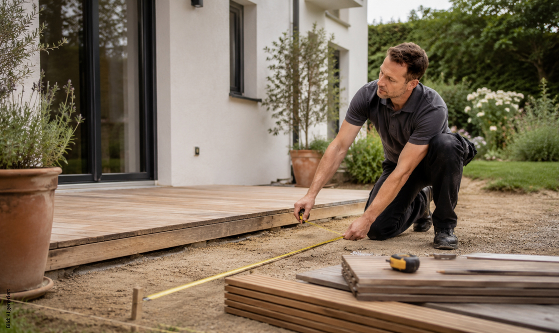 aufmass-service-holzland-stoellger-hannover-karussell-03 Kundenberater von Holzland Stoellger nimmt das Aufmass für eine neue Terasse.